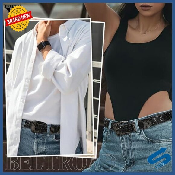 Rhinestone Western Belt with Detachable Buckle for Women Men